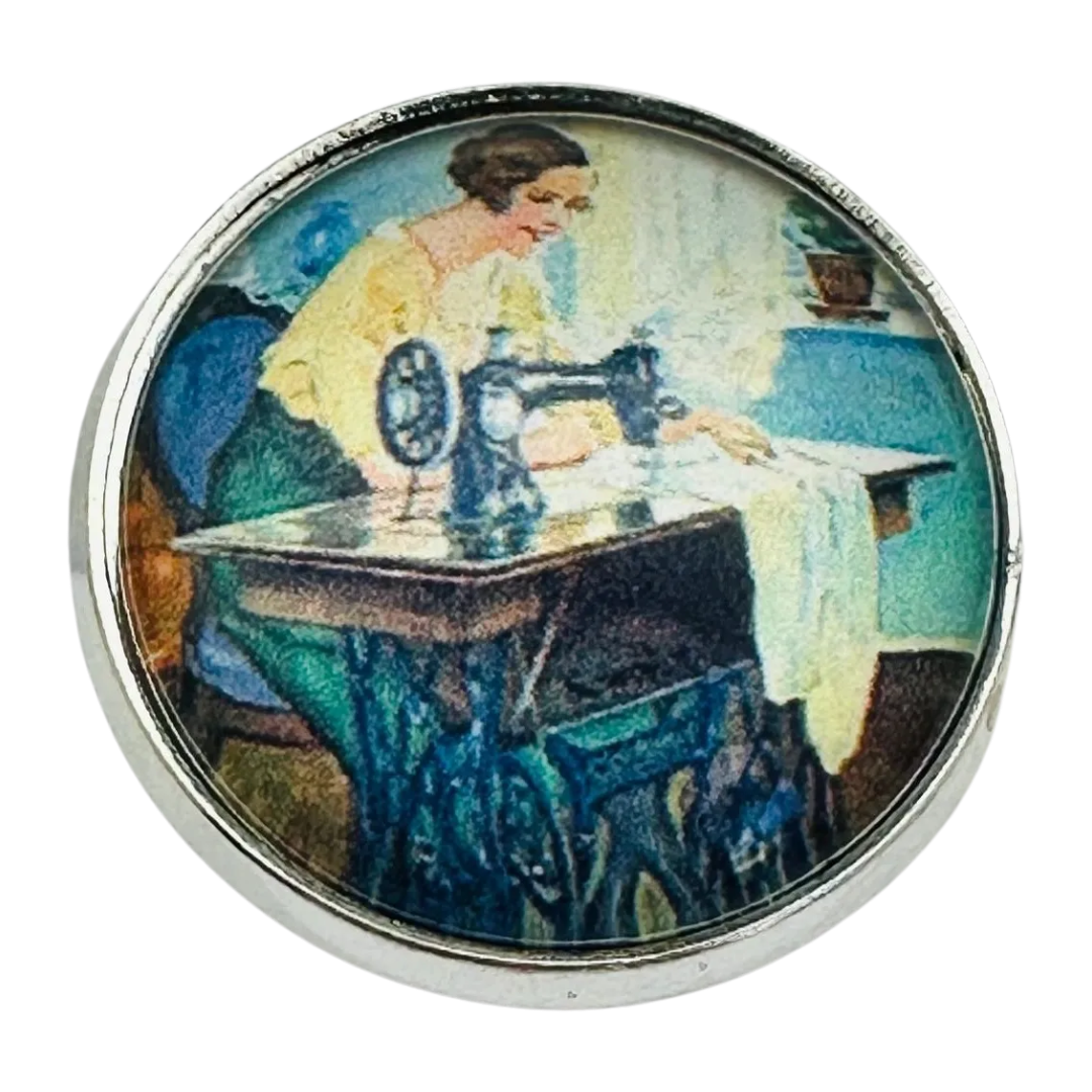 Lady at her sewing machine button 22mm glass and metal sold individually