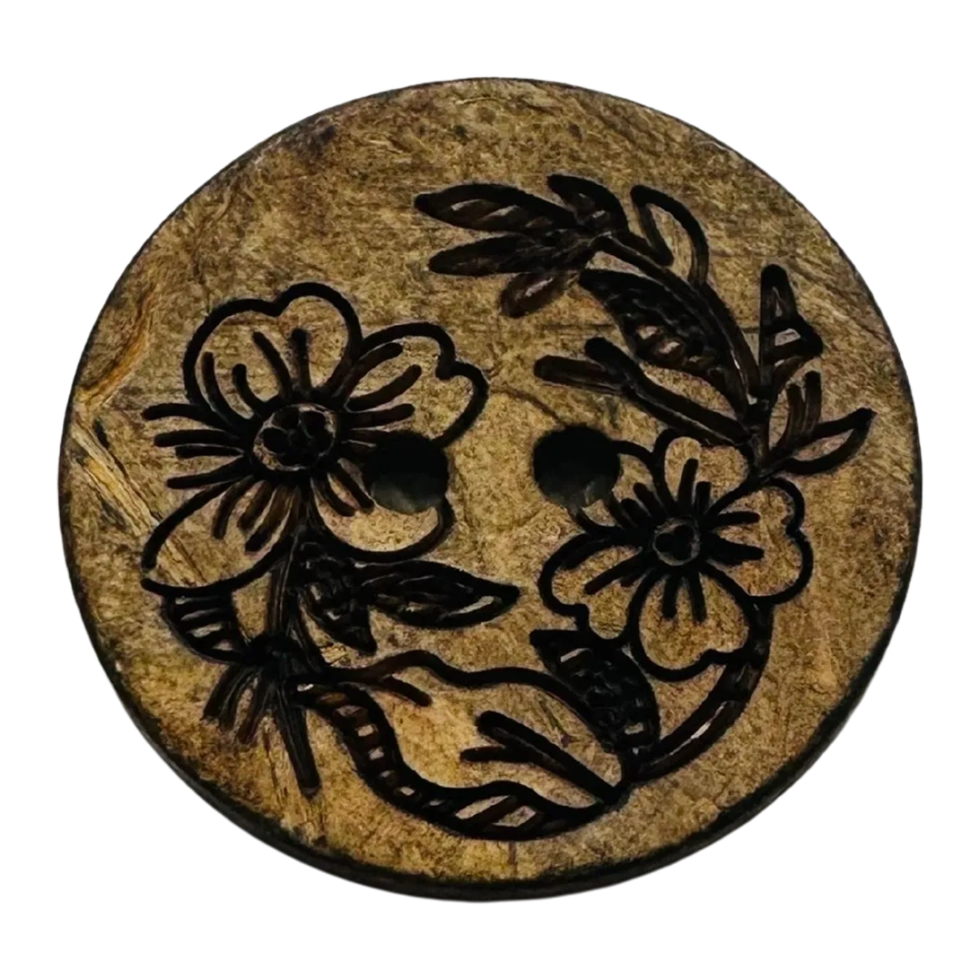 Coconut Shell Buttons – 20mm Floral Engraved Coconut Buttons – Set of 6