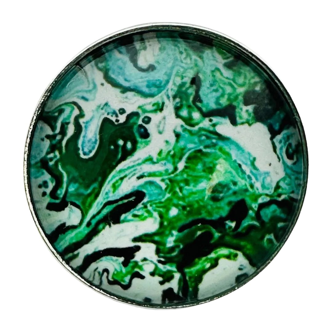 Green button 22mm glass and metal swirling design sold individually