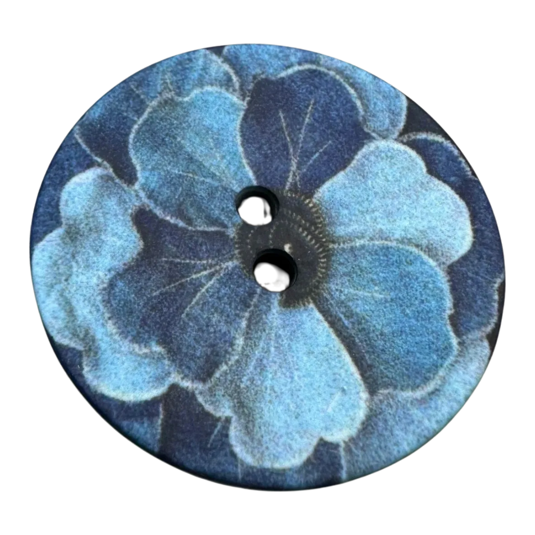 Blue Flower Button – 35mm – Sew-Through – Denim Effect – Sold Individually